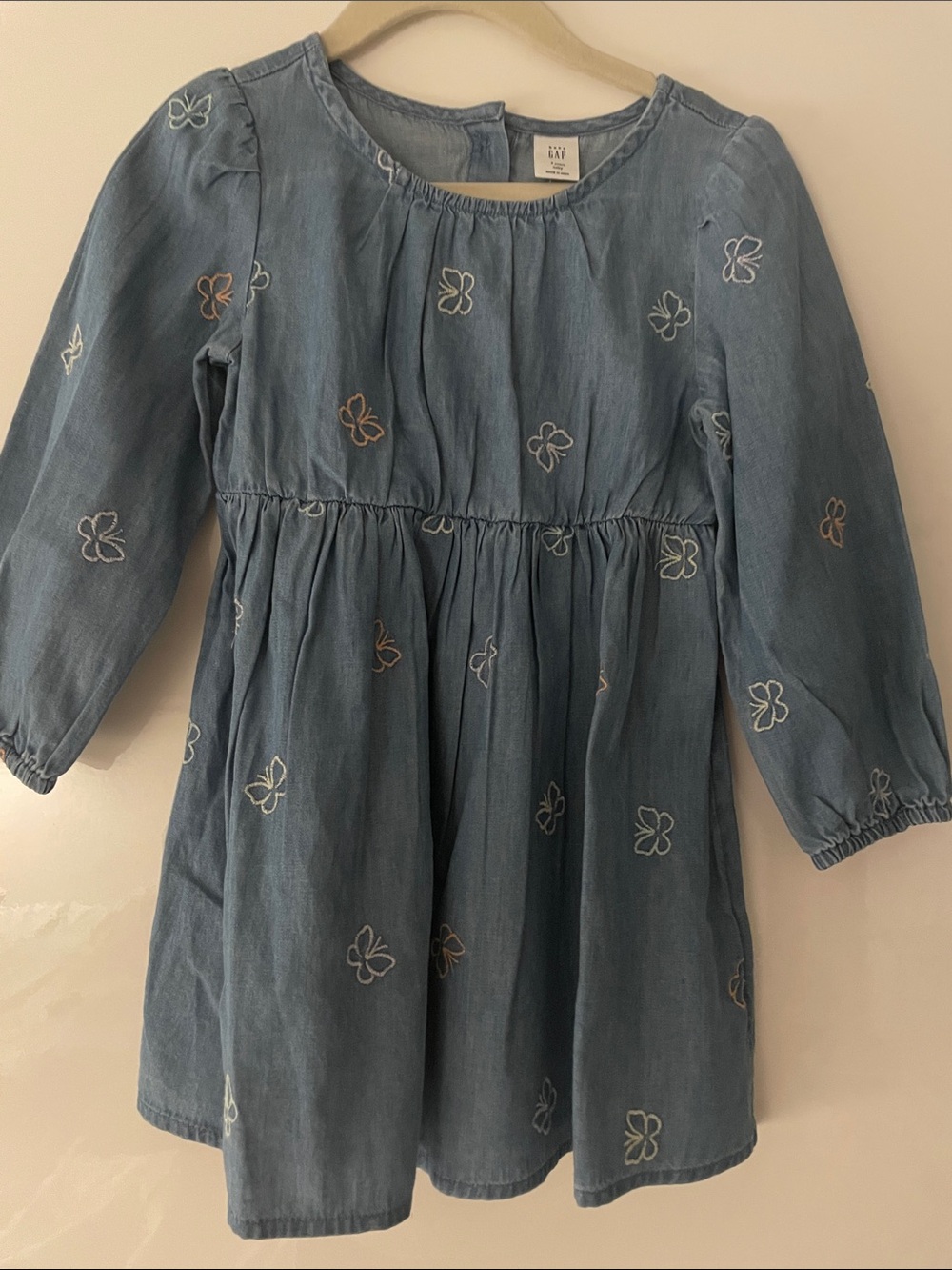 GAP Kids Chambray Embroidered Floral Long-Sleeve Dress